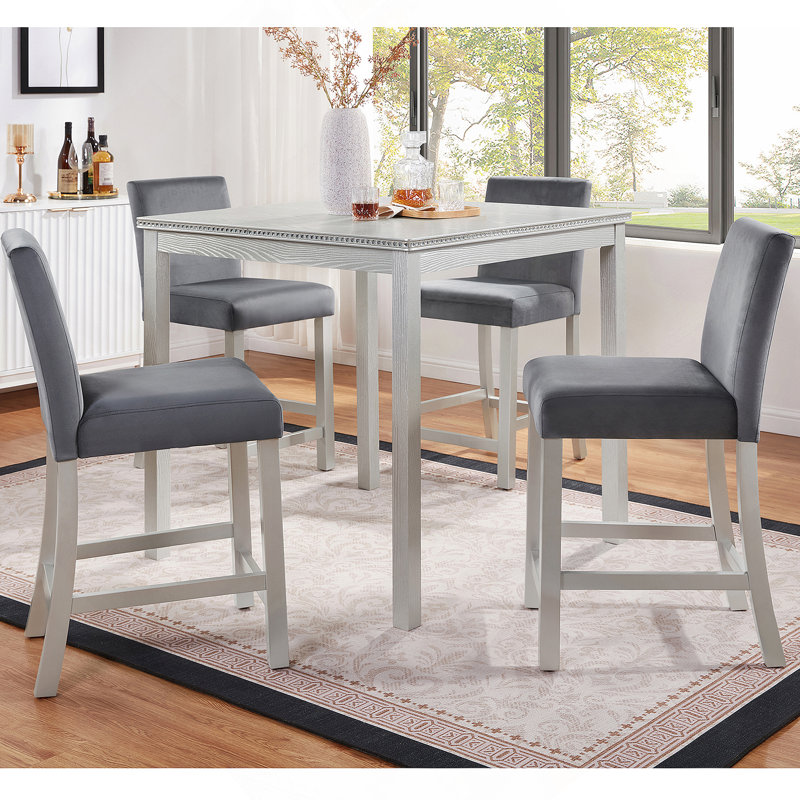 Ensemble de table 5 pièces à hauteur de comptoir, ensemble de table de cuisine en bois avec table carrée et 4 chaises rembourrées, ensemble de table de salle à manger à hauteur de comptoir avec décoration en cristal et ensemble de chaises, gris argenté