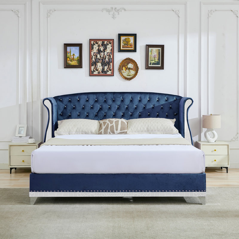 Sumi Velvet Upholstered Platform Bed With Button Tufting & Wooden Slats, King, Blue