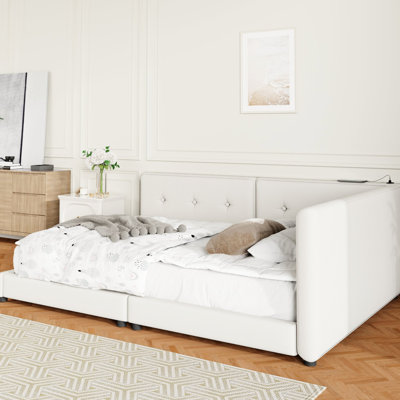 Grand lit tapissier avec ports en beige - Taille du tissu de bois et de lin fascinant, construction exquise