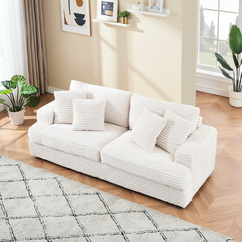 Velours côtelé avec 4 coussins assortis, grand canapé 3 places pour le salon, blanc, moderne et confortable, Blanc