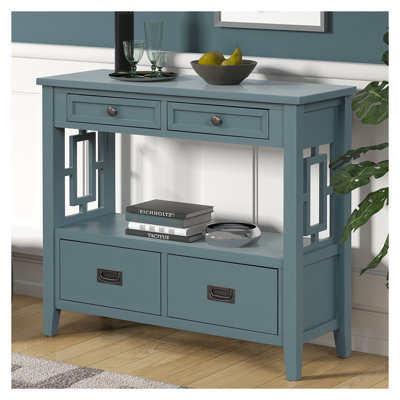 Console en bois de pin 36 po avec 4 tiroirs et tablette de rangement - Canapé d'appoint bleu pour le vestibule du salon d'entrée