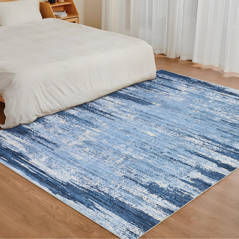 Washable Rug 8x10 Living Room Rugs Modern Neutral Mat for Dining Room Large Soft Carpet Non Slip Low Pile Pet Friendly Floor Mat for Farmhouse Apartment Bedroom Dorm, Blue
