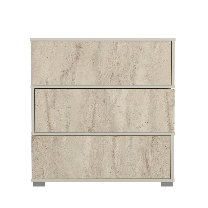 Armoire à chaussures moderne avec 3 tiroirs, conception en marbre, 35,4 x 36,6 x 11,8 pouces | 100% panneau de particules enduit de mélamine, 0,7 po d'épaisseur | Élégant fini travertin et grès, fixation murale pour un rangement peu encombrant