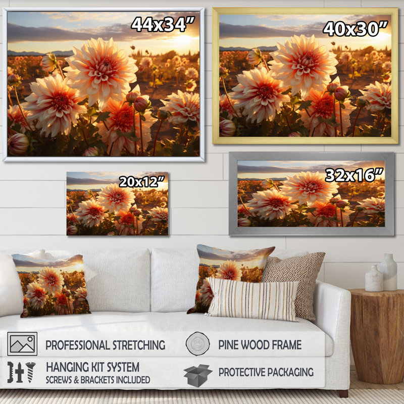 " Dahlia Field At Sunset ", Gold Single Picture Framed, 34" H x 44" W x 1.5" D