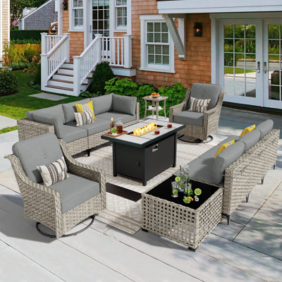 8-person  Outdoor Sectional With Cushions,swivel Rockers,led Coffee Table And Fire Pit,all-weather Wicker Patio Set	