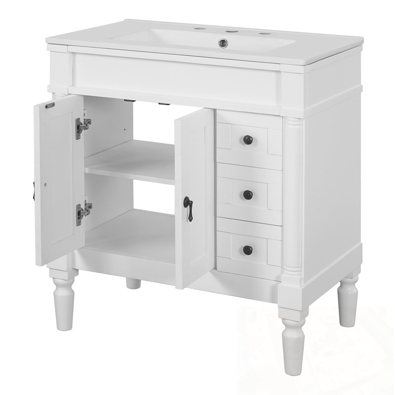 Meuble-lavabo avec lavabo, 2 portes et 3 tiroirs, Blanc
