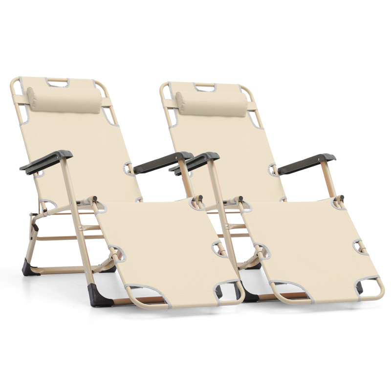 Outdoor Folding Lounge Chairs Recliner, Foldable Reclining Chair with Adjustable Backrest & Footrest, Cream