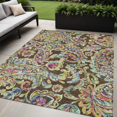 5' X 8' Artichoke Green Paisley Washable Indoor Outdoor Area Rug