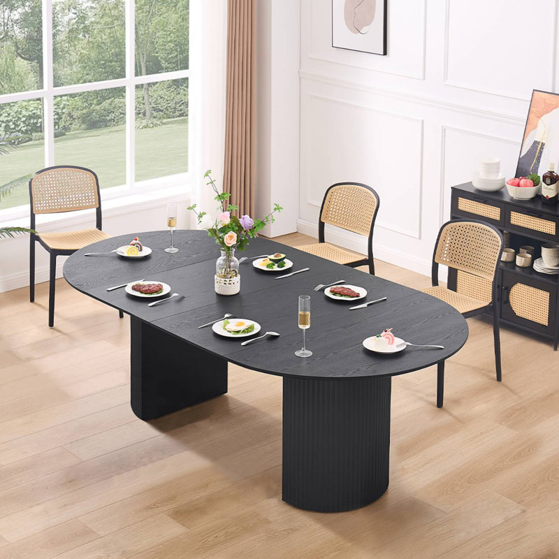 Black Solid Wood Round to Oval Extendable Dining Table