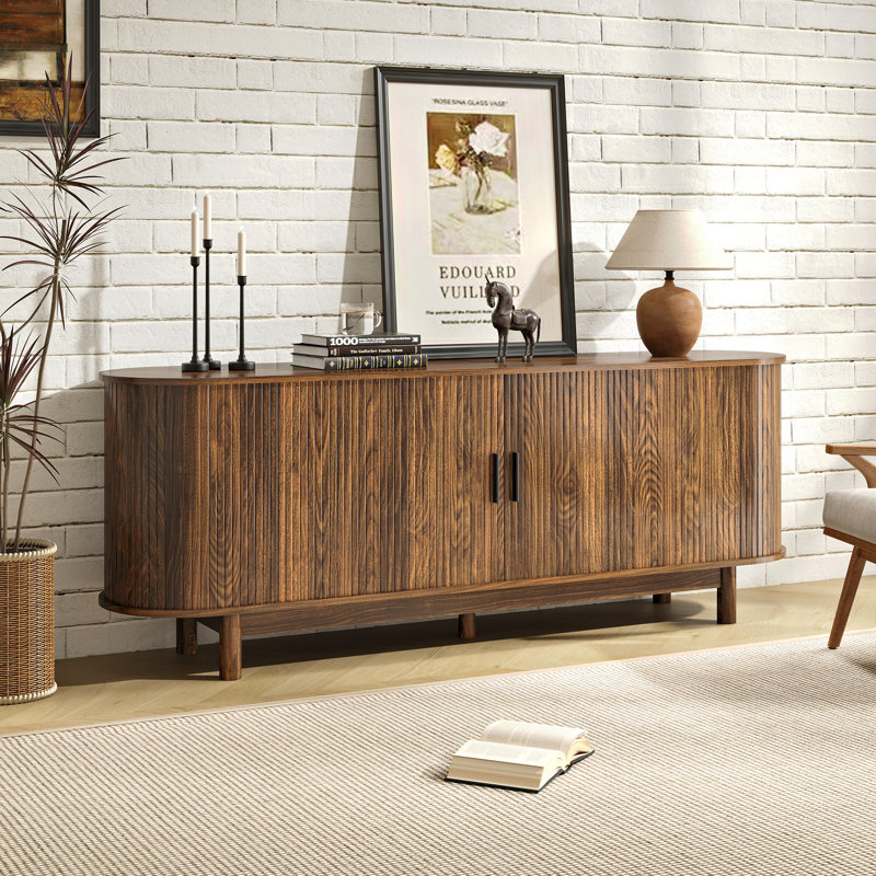 71 Inch Modern Fireplace Tv Stand For Tvs Up To 80 Inches, Mid Century Tv Console With Solid Wood Legs, Sliding Doors & Curved Design,media Console For Living Room, Brown