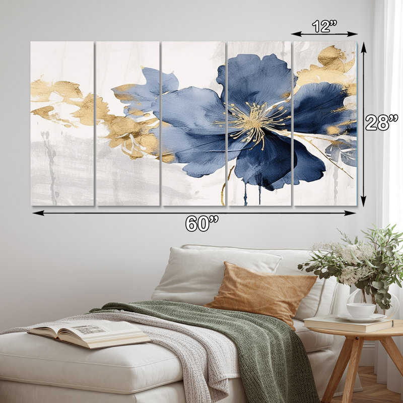 «Blue White Hibiscus Tropical Harmony Flowers I», reproduction de toile tendue 5 pièces