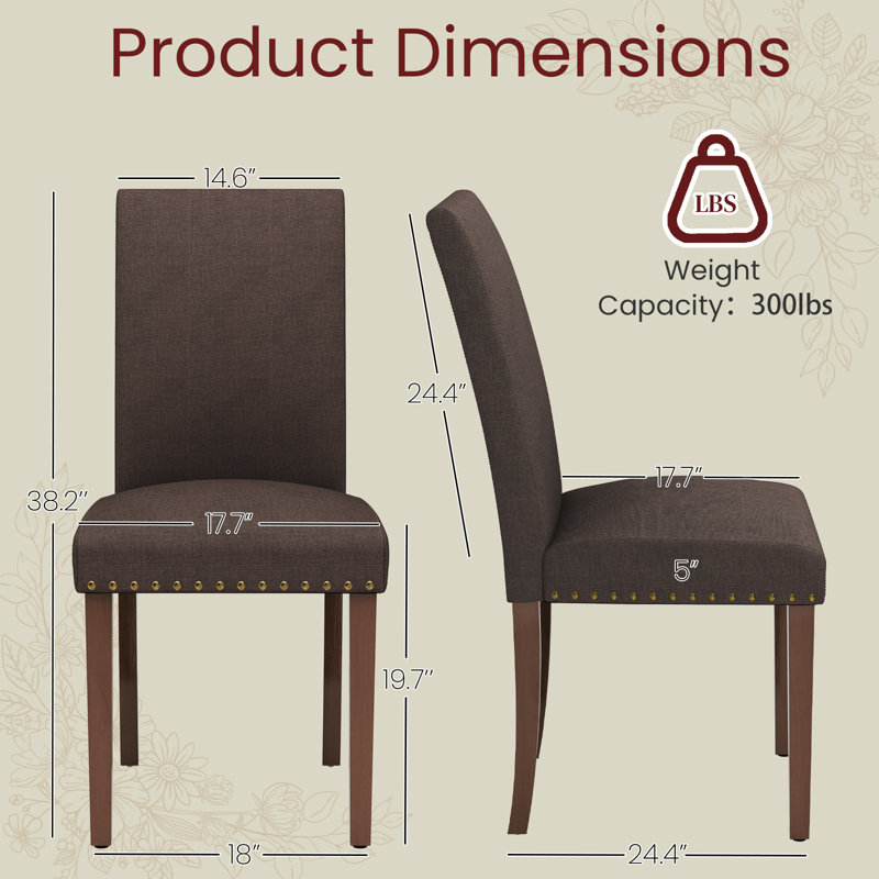 Upholstered Dining Chairs Set Of 4, Nail Head Trim Design, Solid Wood Legs And Padded Seat, Comfortable Fabric For Kitchen, Dining Room, Living Room(brown)