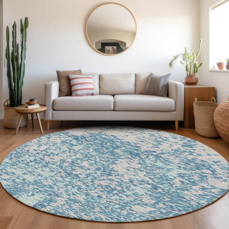 Premium Machine Washable Prisco Teal Rug, Round 8'