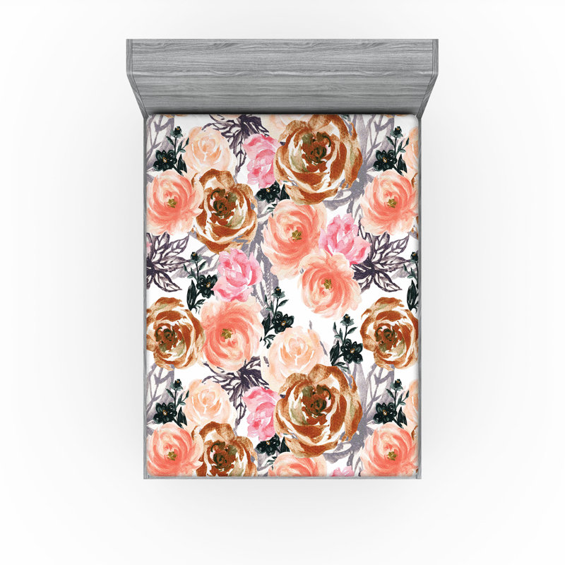 Drap-housse rustique Ambesonne, Pêche foncé, rose pastel / floral, Full Fitted Sheet