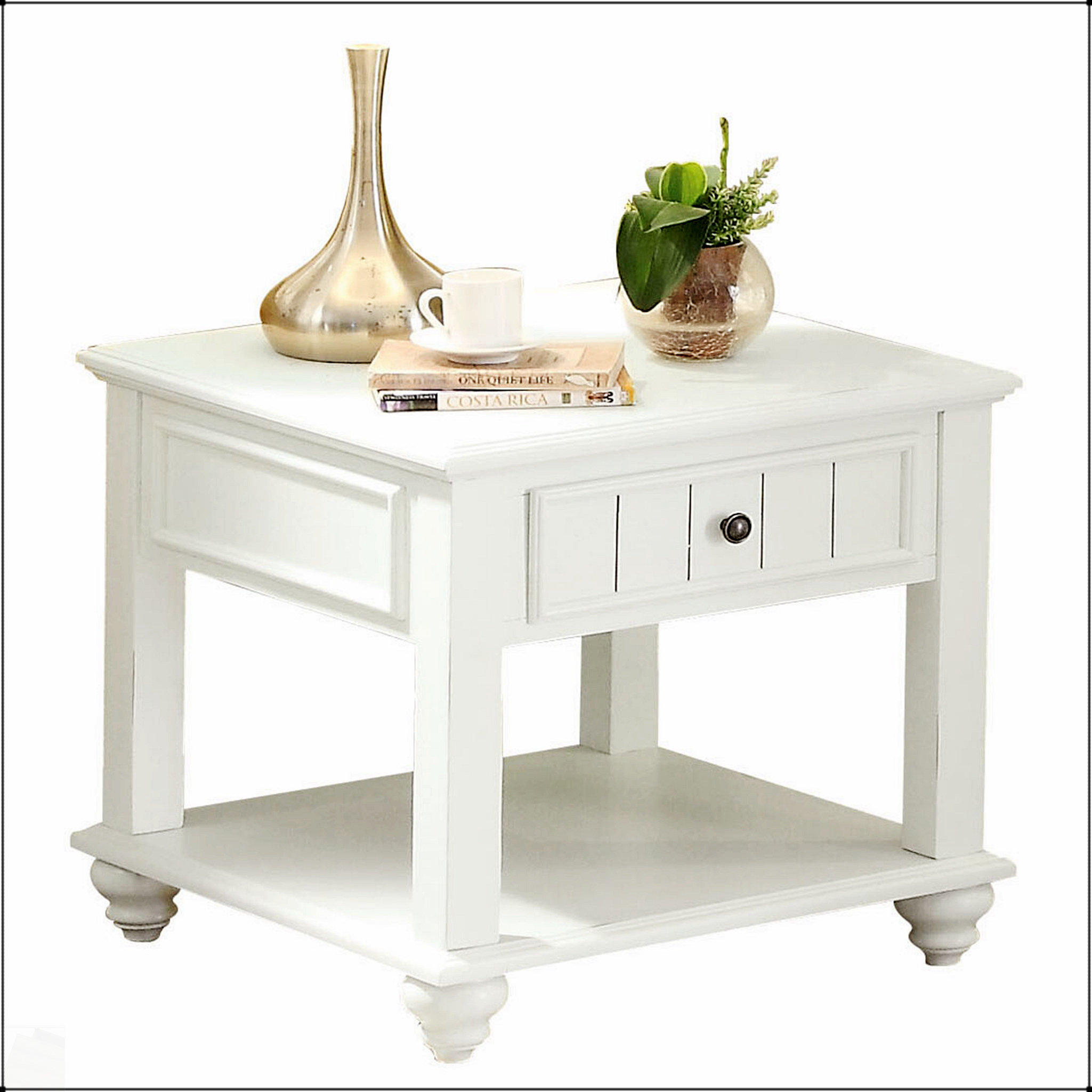 Mercer41 White Washed End Table With Bottom Shelf, Trim Molding, And ...