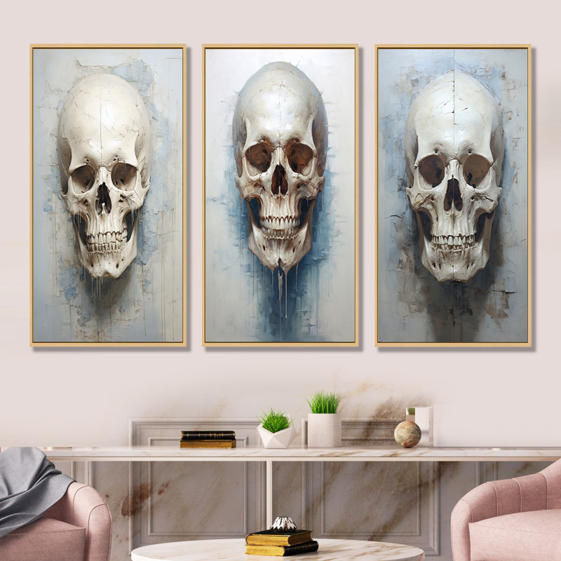«Skull Elegance Portrait», ensemble de 3 impressions sur toile, H 28 po x l 36 po, Cadre flottant brun