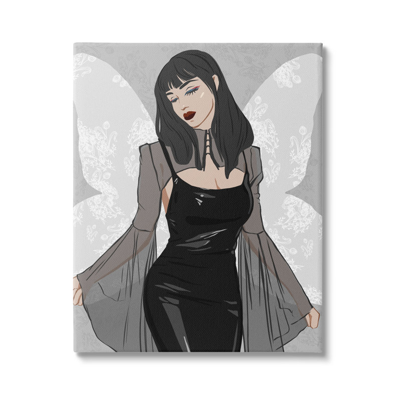 «Goth Fashion Girl Botanical Pattern» par Sally Swatland - impression, H 30 po x l 24 po x P 1,5 po, Toile tendue