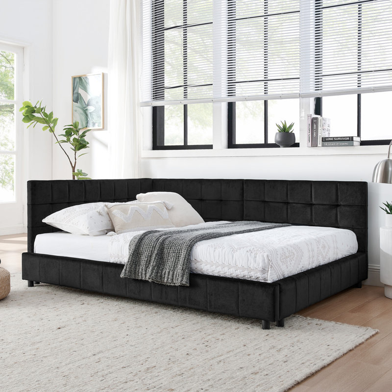 Cadre de lit double capitonné double, cadre de canapé-lit avec dossier confortable et accoudoirs, lit double pour chambre à coucher, salon, velours, noir (80,5 po x 59 po x 30,5 po)