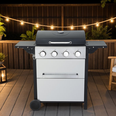 4-Burner Portable Propane Gas BBQ Grill With Wheels, Wire Enamel Cooking Grids, Foldable Side Table, Hanging Basket, Stainless Steel