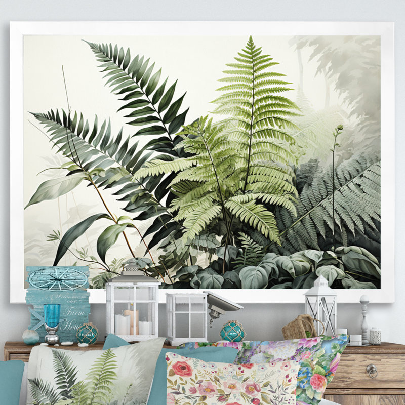 Aafiyah Ferns Topaz Reflections - Imprimé, H 16 po x l 32 po x P 1 po, Cadre simple blanc