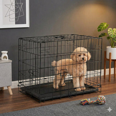 Single Door Metal Pet Kennel for Small Dogs, 30-Inch Size, Features Secure Lock, Foldable Design, and Removable Tray for Easy Cleaning, Portable and Suitable for Training and Travel