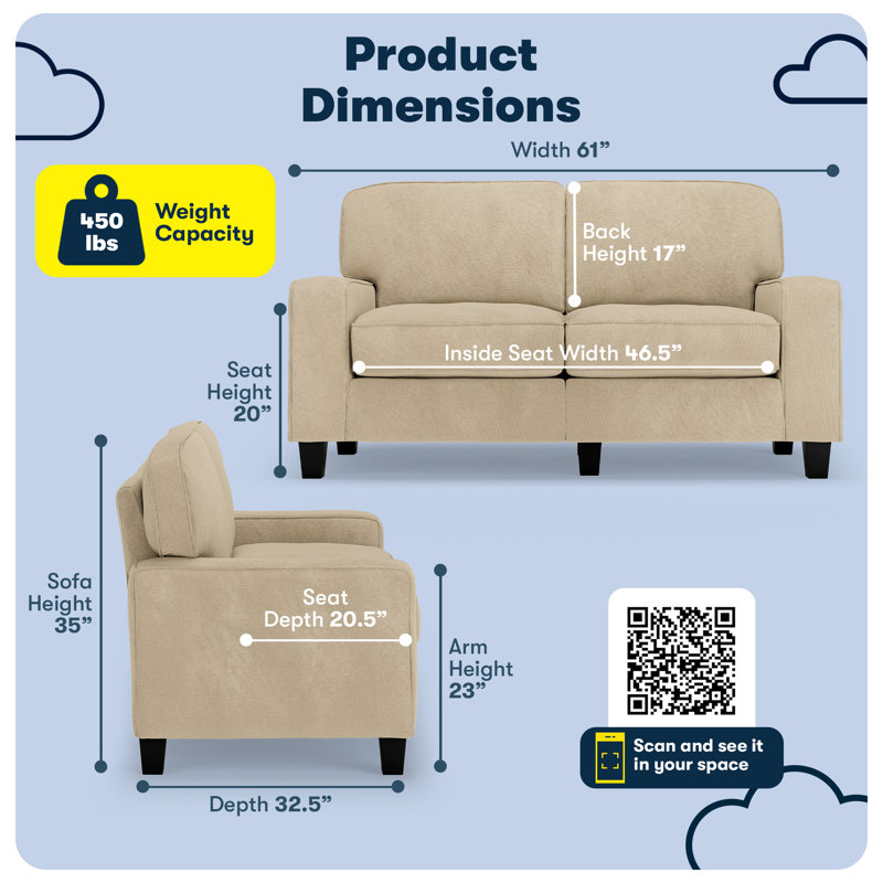 Serta Palisades 61" Straight Arm Sofa with Easy Care Fabric, Plush Pillow Back and Pocket Coil Seat Cushions