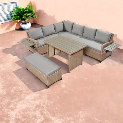 Modern Brown Patio Dining Set, Rattan Sofa With Adjustable Extendable Tables