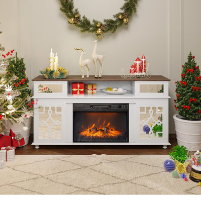 Meuble télé blanc avec porte coulissante et miroir pour téléviseur de 70 po ou moins