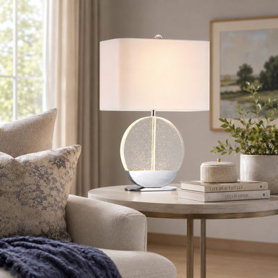 Lampe de table 22 po en nickel poli avec base en cristal transparent et veilleuse DEL