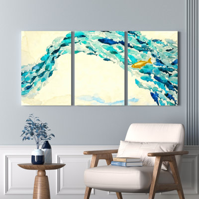 Ensemble de 3 tableaux abstraits sur toile tendue représentant une vague océanique avec des poissons rouges