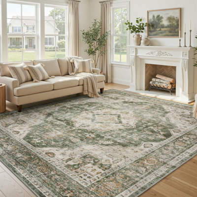 Vintage Soft Sage Green Machine Washable Oriental Area Rug For Living Room, Bedroom