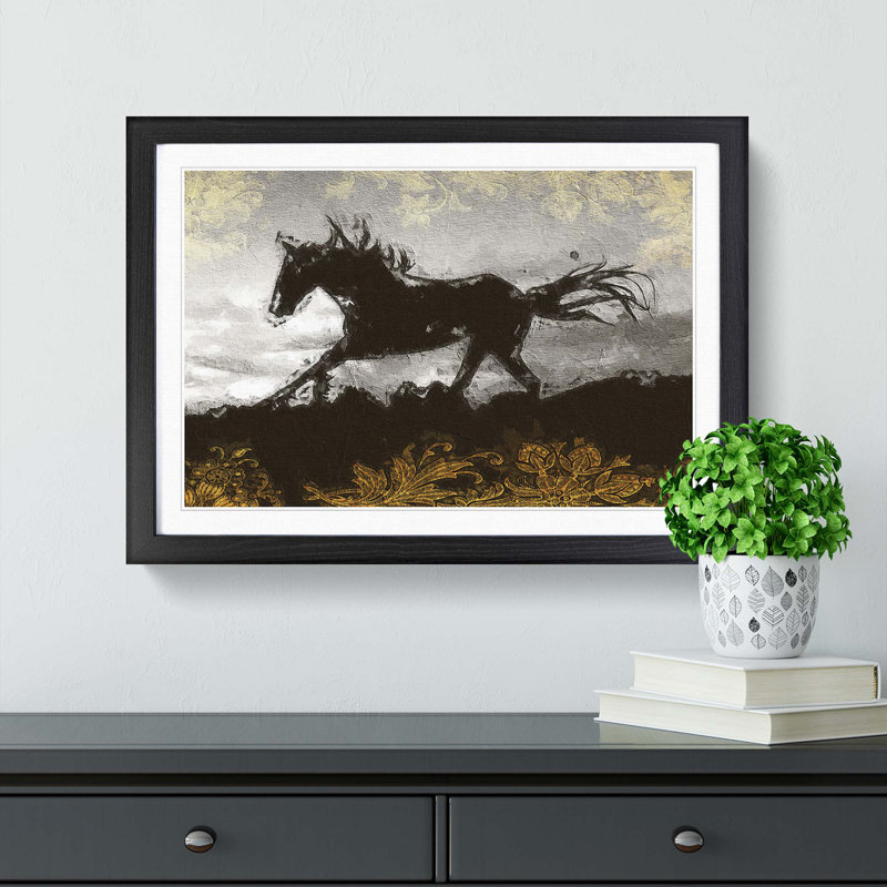 Galloping Horse in Abstract - Picture Frame Painting Print, 27cm H x 36cm W x 2cm D, Black Framed