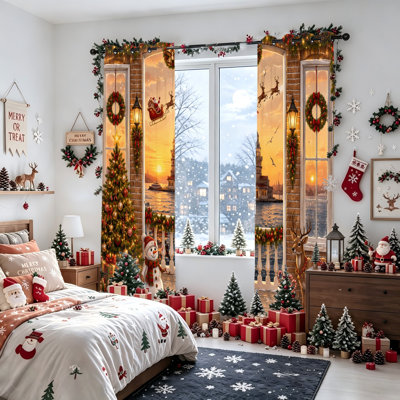 2 pièces rideaux occultants sur le thème de Noël, rideaux de fenêtre isolants à imprimé thermique de père Noël et bonhomme de neige, décor de maison de vacances pour le salon, la cuisine et la chambre à coucher