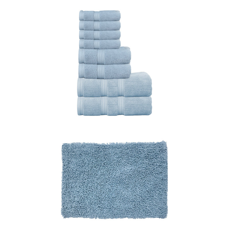 Bruno Collection 100% Soft Cotton Towel Set & 17x24" Bath Rug, Blue, 9 Piece Towel Set