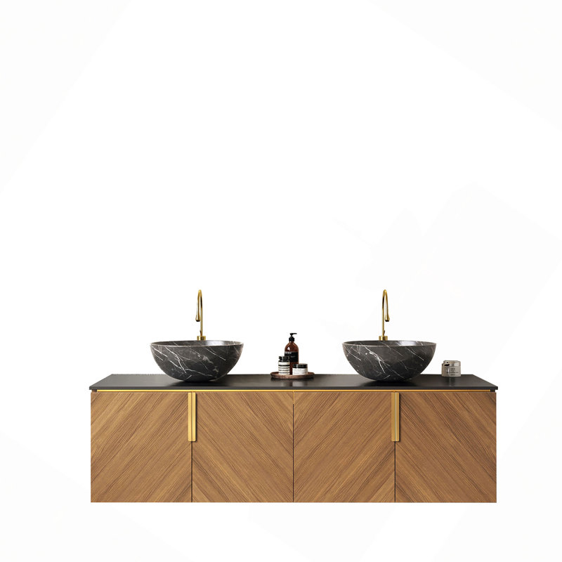 Meuble-lavabo 60 po avec lavabo en contreplaqué flottant 60 po avec 4 portes, 2 cuves en céramique avec motif en pierre et comptoir en pierre frittée