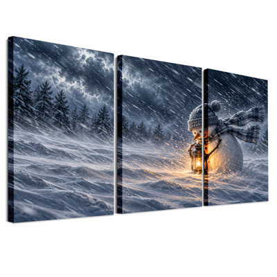 " Snowman Holding Lantern In Snowy Forest Christmas " 3 - Pieces