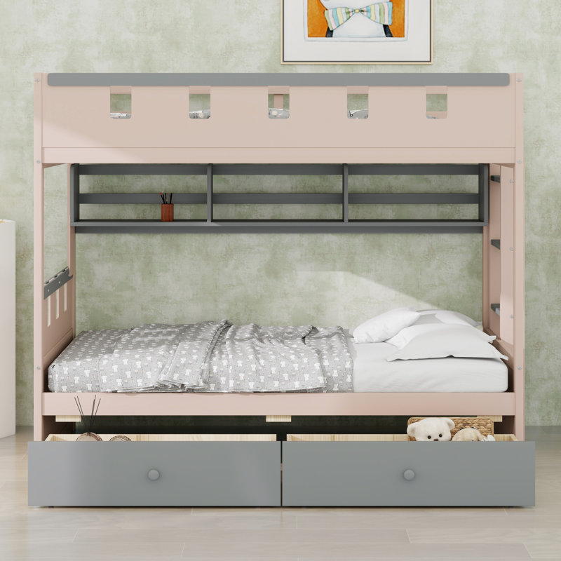 Lit superposé de style château avec 2 tiroirs, tablette et DEL , Gris, Lit simple