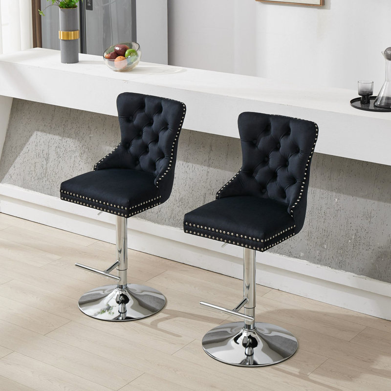 Thick Swivel Velvet Modern Upholstered 25 - 33" Adjustable Height 17.7" Base Buttons Diamond Sponge Spring Seat For Home Pub Kitchen Island Black Of 2