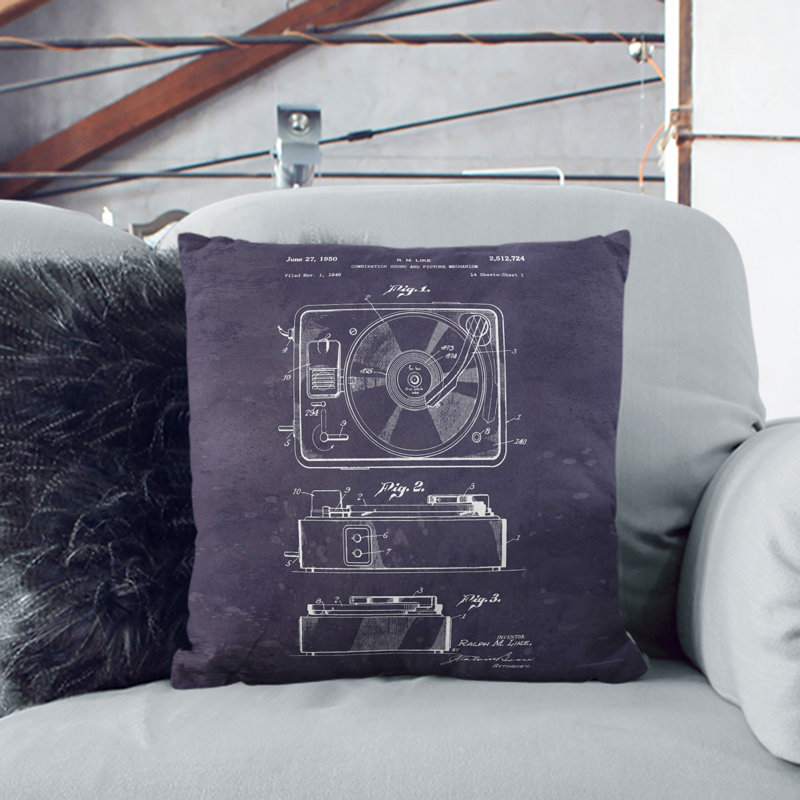 Record Player Patent Square Throw Cushion, White, 55cm H x 55cm W x 20cm D