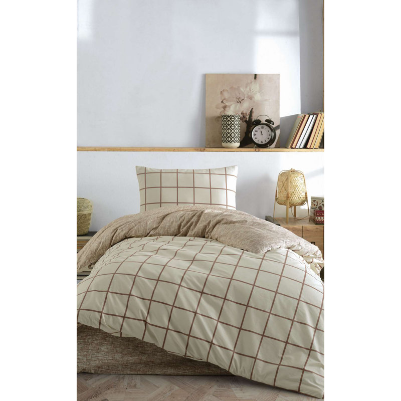 Elegant Ranforce Single Quilt Cover Set, Cream Color | 100% Cotton, 63.0 x 86.6 inches Quilt Cover, 39.4 x 78.7+11.8 inches Fitted Sheet, 19.7 x 27.6 inches Pillowcase | Machine Washable, Button & Envelope Closure, Soft & Breathable