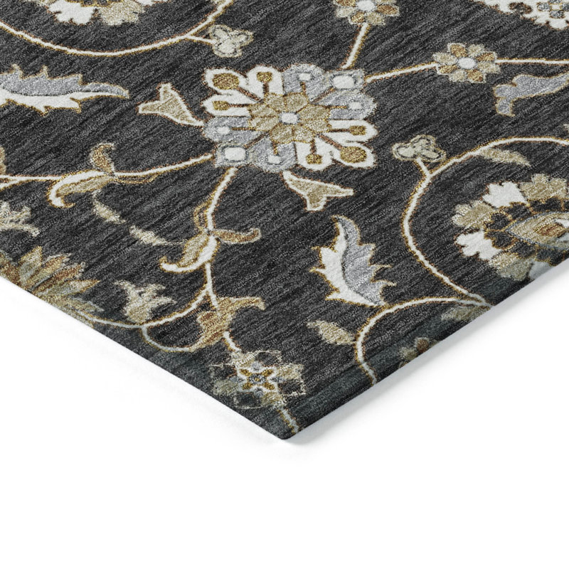 Black and Beige Rectangular Washable Synthetic Rug