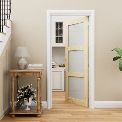 Intérieur: porte en bois de pin et en verre givré 3-Lite, porte pré-suspendue en bois massif naturel Colonial, verre trempé SGCC, avec trousse de joint, bande d'étanchéité, charnières argentées et porte à droite, sans finition et à peindre, pour garde-manger, chambre à coucher, salle de bain et garde-robe, 32 pièces "x 80"