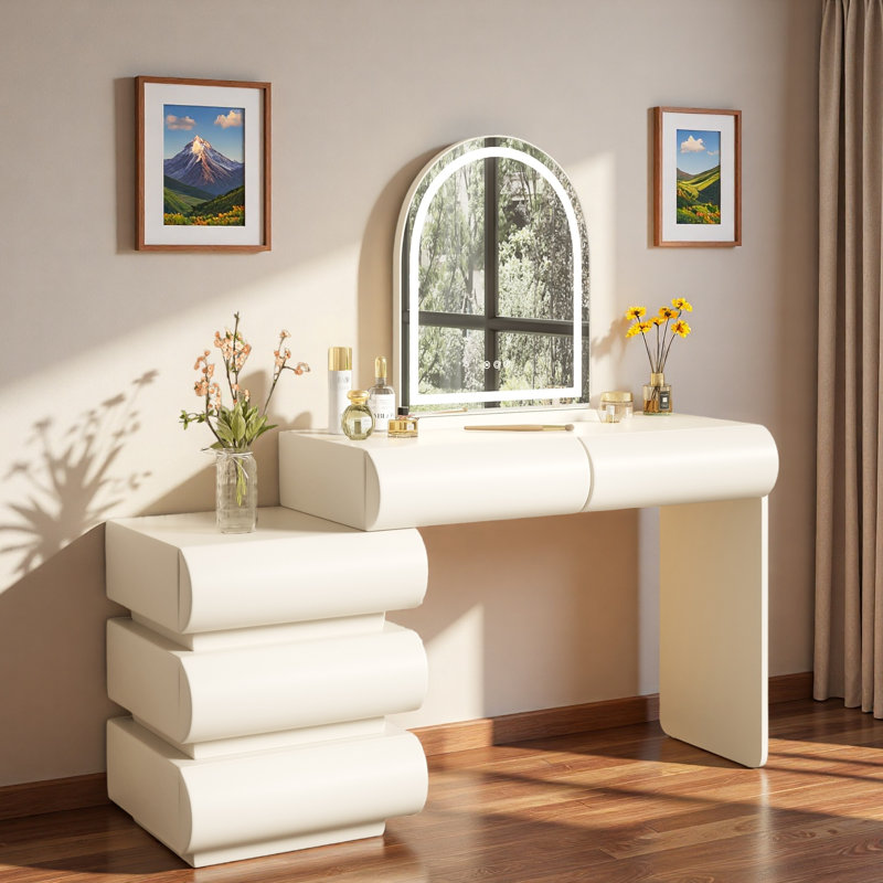 Table de coiffeuse de luxe 2 en 1 avec finition en cuir, miroir lumineux à DEL 3 couleurs, longueur réglable et 5 tiroirs de rangement