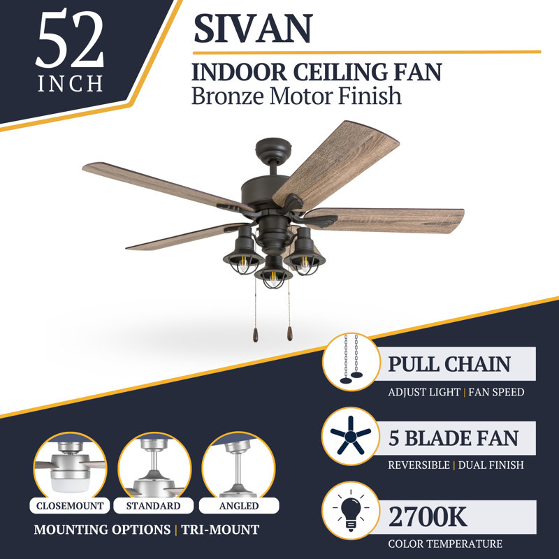 Arlea 52" Ceiling Fan with LED Light, Standard No Remote
