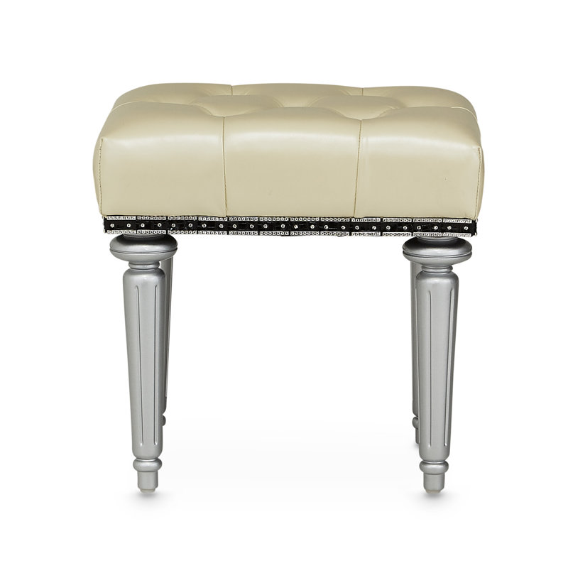 Hollywood Swank Leather Vanity Stool, Silver/Creamy Pearl