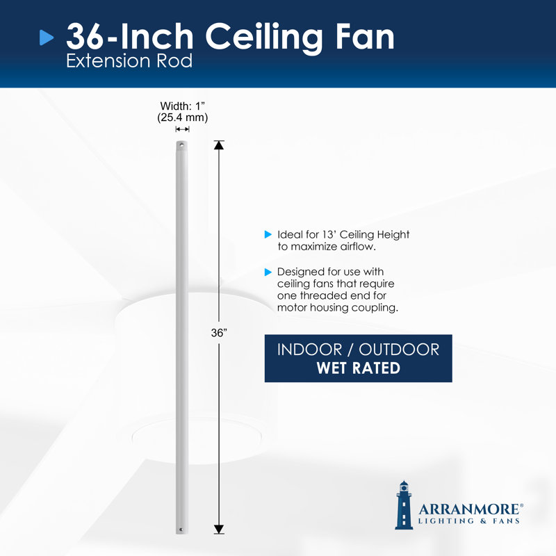 Steel Fan Threaded End Downrod, White, 36" H x 1.25" W x 1.25" D