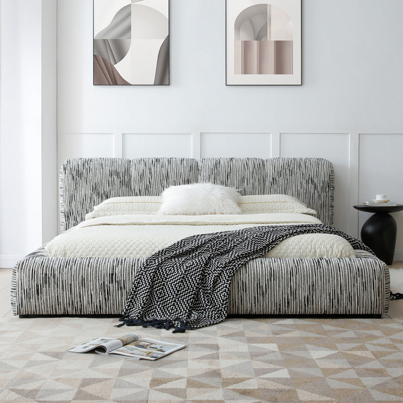 Sienna Upholstered Platform King Bed – Low Profile With Padded Headboard., King, White/Black
