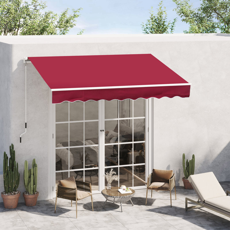 Patio Retractable Awning, Manual Exterior Sun Shade Deck Window Cover, Red