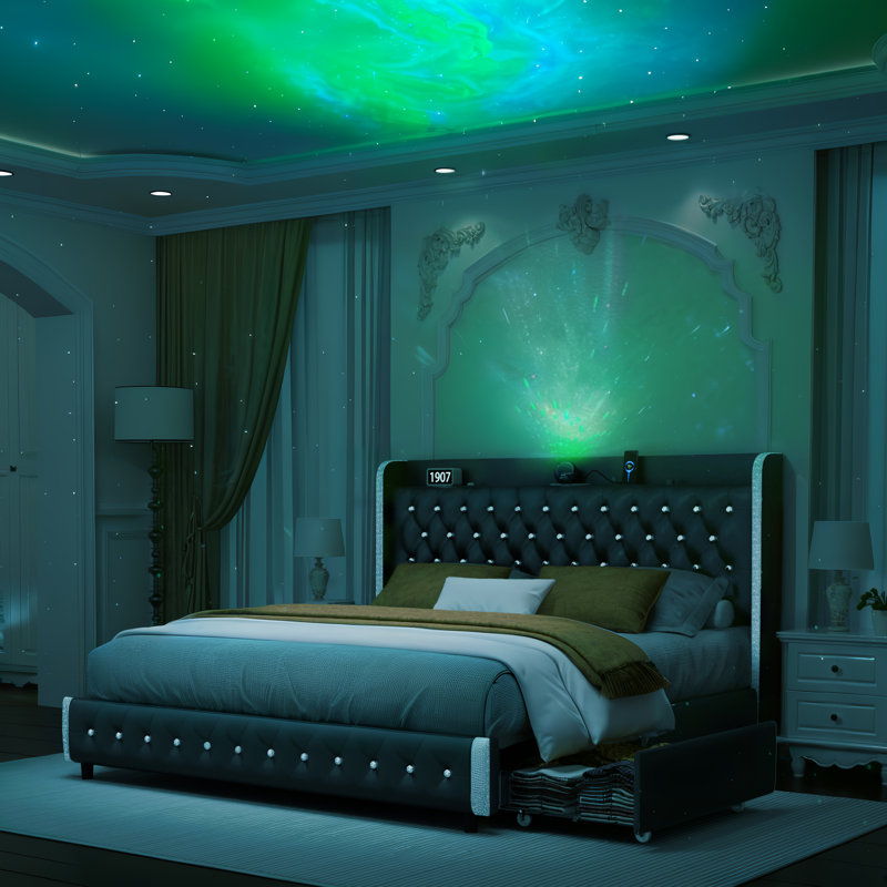Structure de lit tapissier avec 4 tiroirs de rangement, tête de projecteur Star Galaxy avec station de charge, haut-parleur intégré, aucun sommier tapissier requis, similicuir