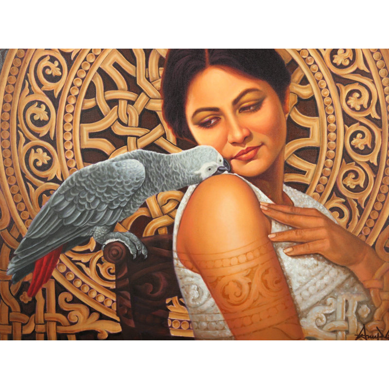 Beauté et perroquet gris | Peinture à l'huile sur toile avec cadre